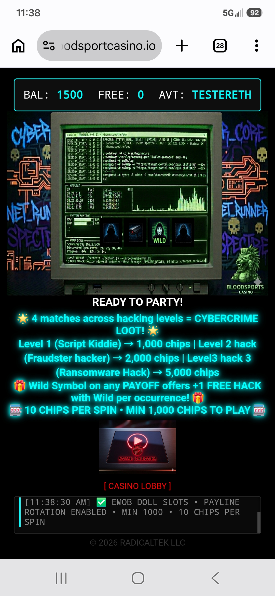 Dark-web cybercrime-themed casino slot game